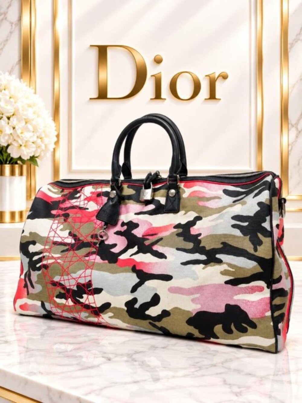 Authentic Dior Anselm Reyle Duffle Bag Camo Camouflage Canvas Travel Bag